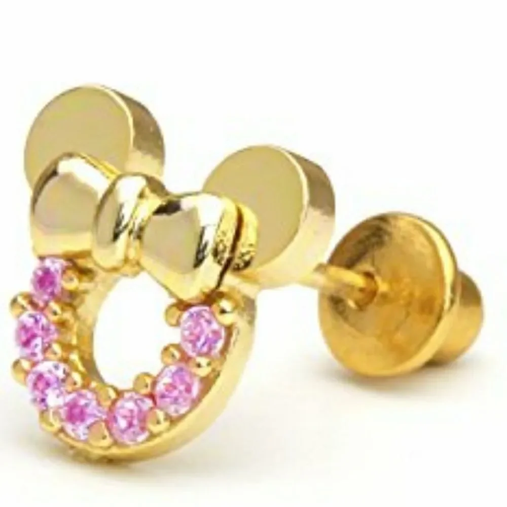 New Kids Girls Earrings gold plated CZ Pink Mouse.